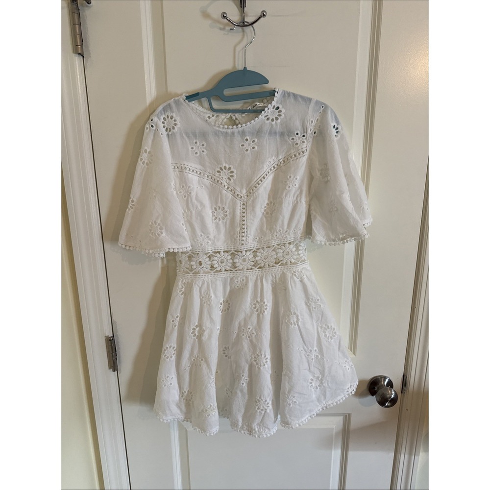 Saints + Secrets White Bell Sleeve Cutout Ruffle Mini Sheer Dress US Small